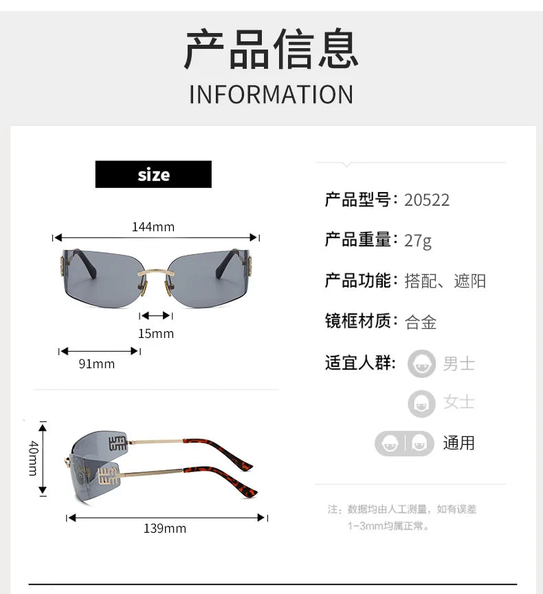 2026 New High End Sunglasses Women Rimless Curved Sun Glasses for Eye Protection and Sunscreen Travelling Hiking Shades Gafas
