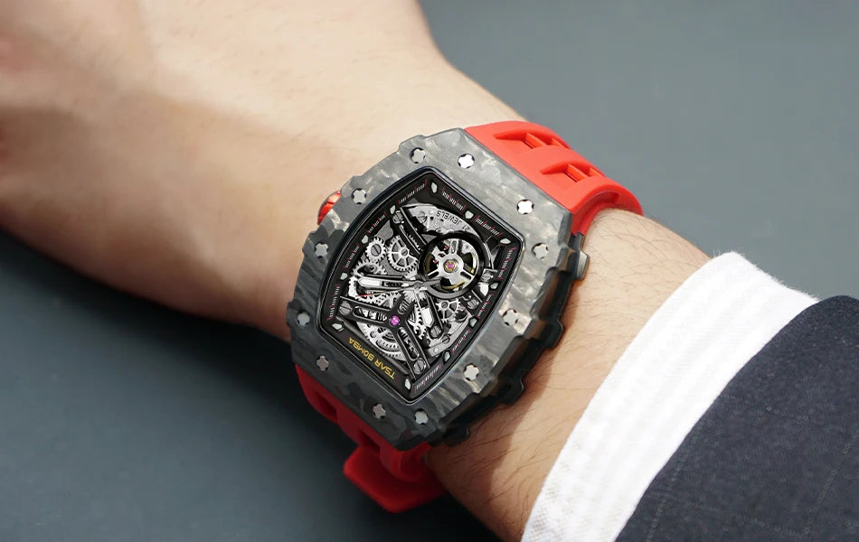 TSAR BOMBA Carbon Fiber Automatic Mechanical Watch for Men Waterproof Skeleton Mens Watches Top Brand Luxury Wristwatches