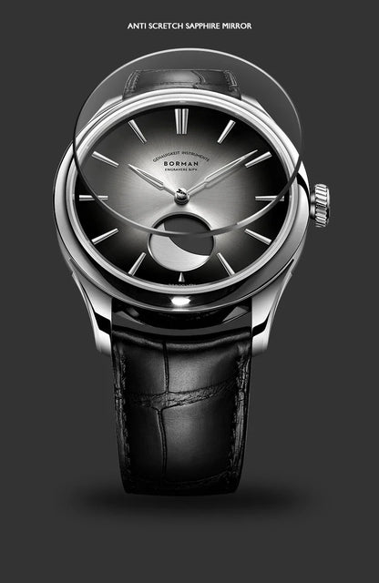 Borman Mens Automatic Watches Luxury Moon Phase Male Watch Mechanical Wristwatch Fashion 50M Waterproof Sapphire Leather Strap