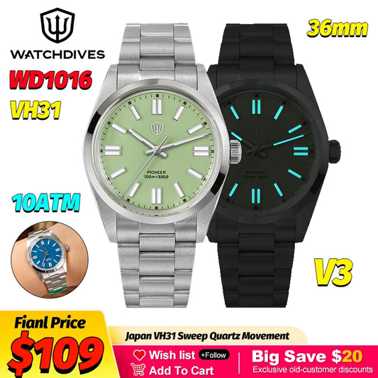 Watchdives WD1016 V3 Multicolored 36Mm Relojes VH31 Sweep Quartz Man Watches Lumes AR K1 Or Sapphire Mirror 10ATM Luxury Watch