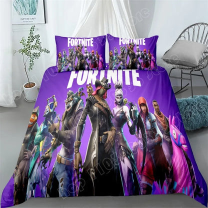 Fortnite-Bettwäsche-Set, 3-teilig, 3D-Druck, Bettwäsche für Schlafzimmer, Gaming-Cartoon-Dekor, Bettbezug und Kissenbezug, Geburtstagsgeschenk