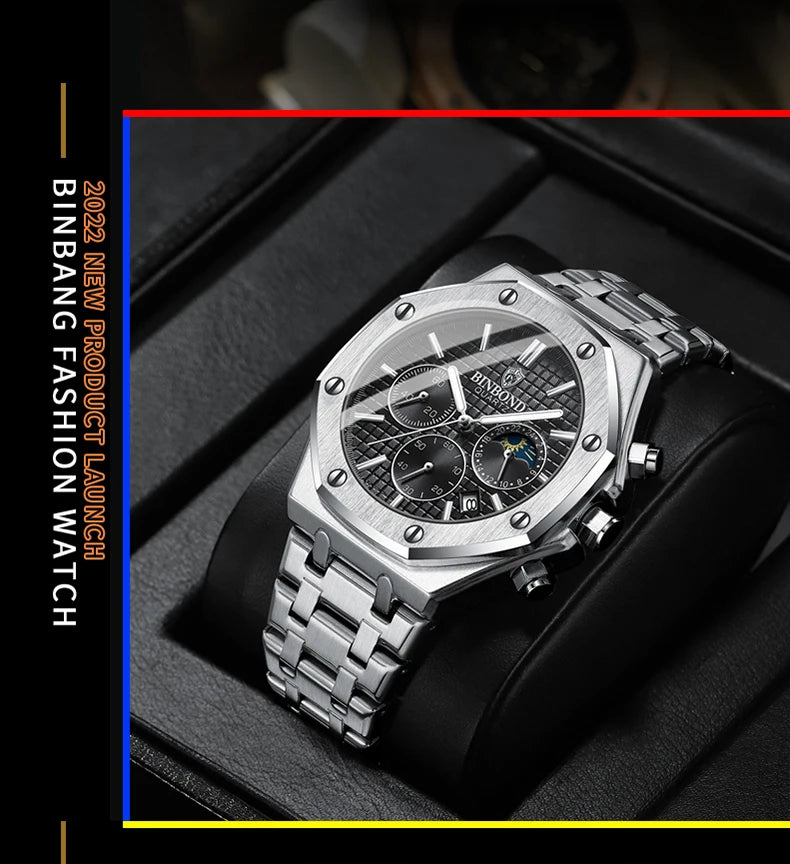 BINBONG B0161 Top Brand Man Business Quartz Watch Chronograph Wristwatch Stainless Steel Strap 30M Waterproof Luxury Men Watch