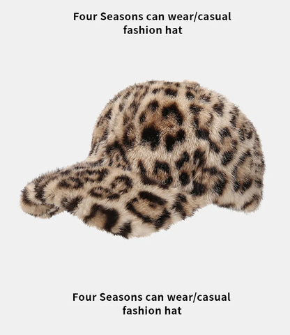 Casquette de baseball imprimé léopard pour femme, en fausse fourrure douillette, chaude pour l'hiver, casquette vintage d'extérieur à visière rabattable pour femme
