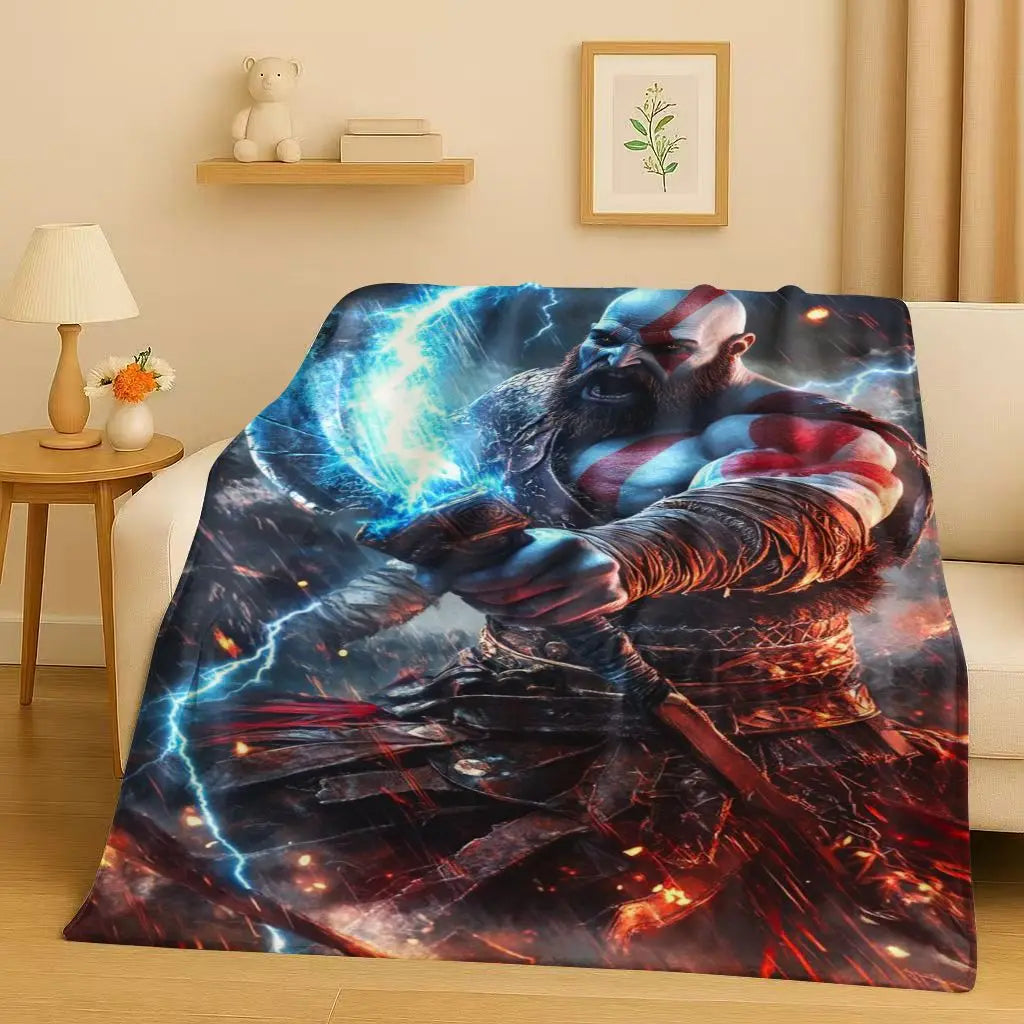HD Kratos God of War Games Cartoon Gamer Flannel Blanket,Ultra Soft Warm Plush Throw for Home Bedroom Bed Sofa Cover Picnic Kids