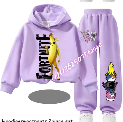 Fortnite Kinder-Set für Frühling und Herbst: langärmliges Kapuzen-Sweatshirt und Hose mit Gaming-Cartoon-Print für Jungen