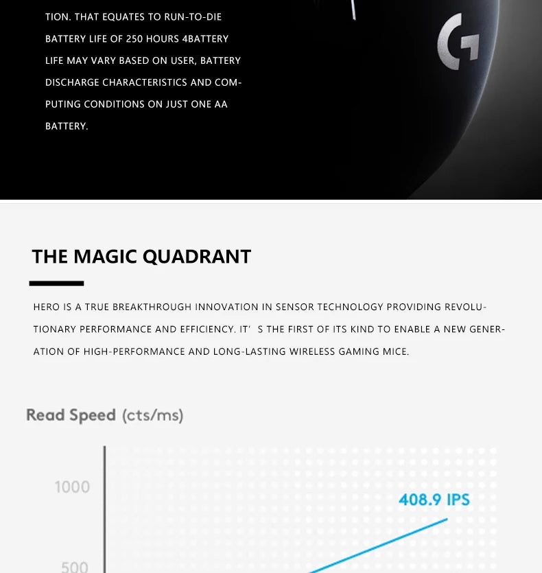 Logitech G305 wireless mouse, 12000 DPI, HERO sensor, 9-month battery life, sensitive hotkeys, suitable for casual gamers.