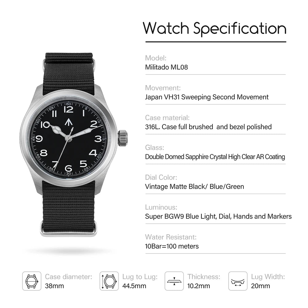 Militado ML08 Quartz Watch VH31/Ronda 515 Quartz Movement Vintage Watch Double Domed Sapphire Crystal BGW9 Luminous Men's Watch