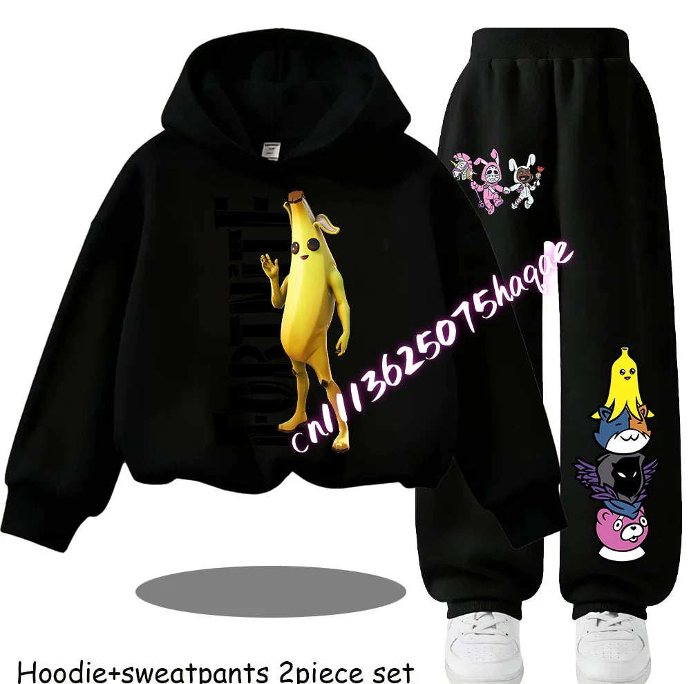 Fortnite Kinder-Set für Frühling und Herbst: langärmliges Kapuzen-Sweatshirt und Hose mit Gaming-Cartoon-Print für Jungen