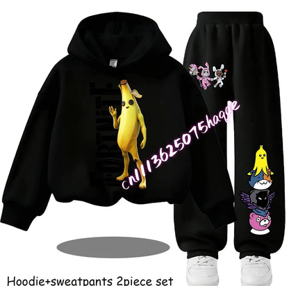Fortnite Kinder-Set für Frühling und Herbst: langärmliges Kapuzen-Sweatshirt und Hose mit Gaming-Cartoon-Print für Jungen
