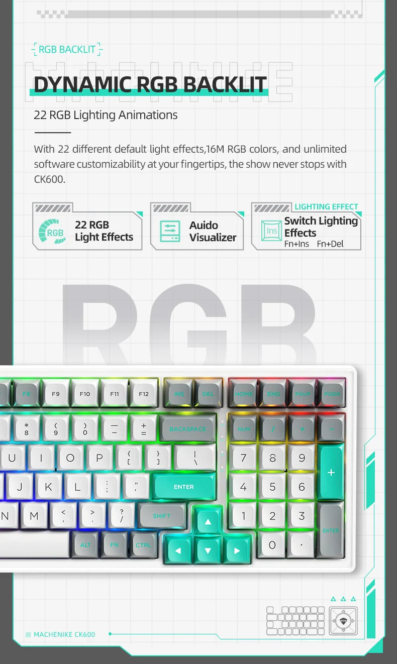 MACHENIKE CK600 Tri-Mode Mechanical Keyboard Full Size Wireless Gaming Keyboard Hot Swappable ANSI Layout For PC Gamer Office