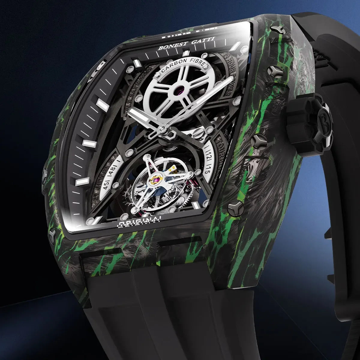 BONEST GATTI Men Automatic Mechanical Watch Skeleton Dial Sapphire Crystal Fluororubber Strap Waterproof Luminous Business watch