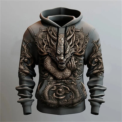 Hoodie de homem com estampado de dragão chinês, padrão de dragão 3D, nova sweatshirt oversized estilo hip hop Harajuku