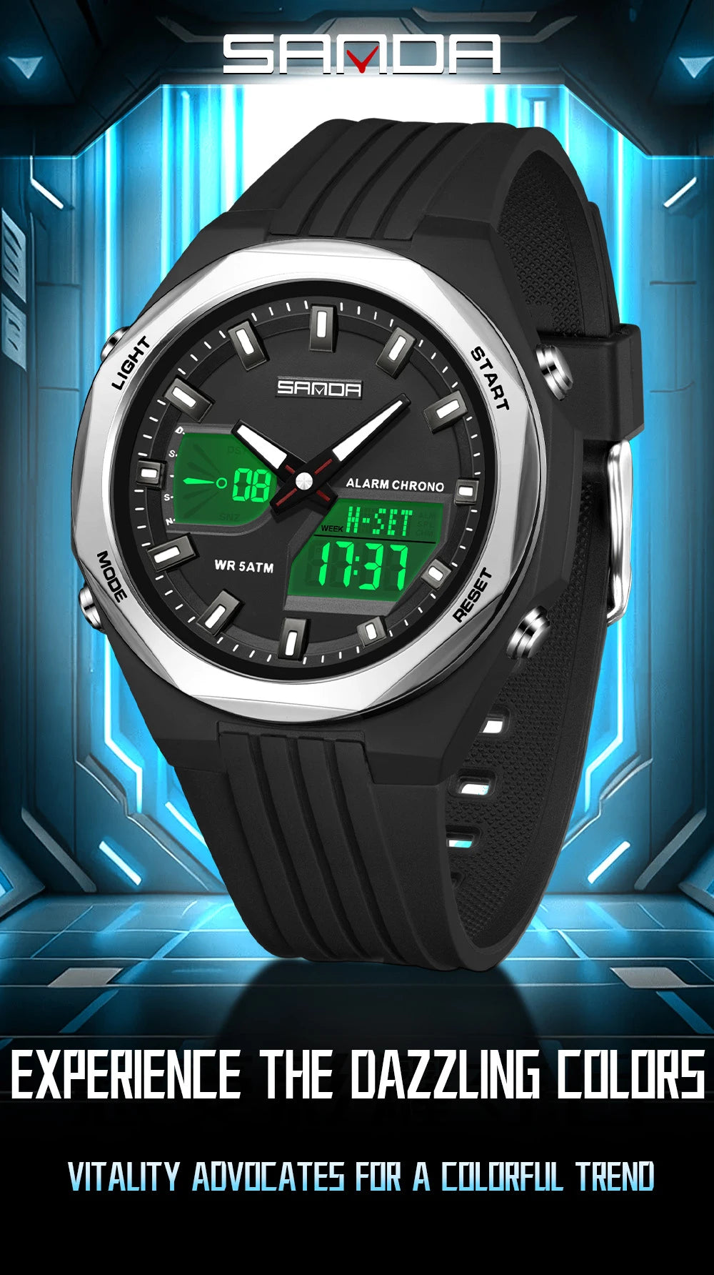 Fashion SANDA 6267 Men's Electronic Watch Multifunctional Operation Night light waterproof Dual Display Student Electronic Watch