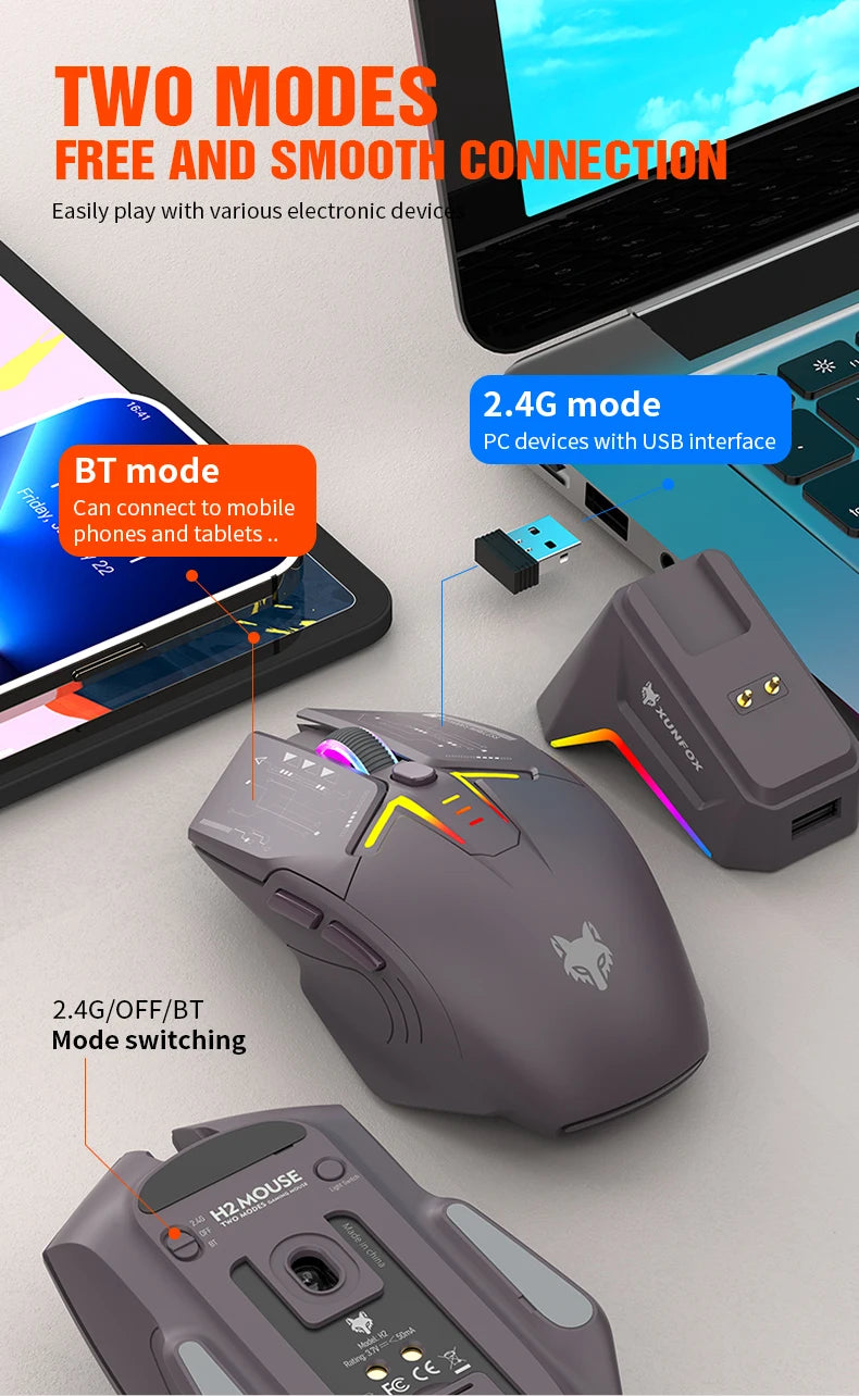XUNSVFOX H2 wireless Bluetooth dual-mode mouse RGB lighting effect laptop gaming office magnetic charging