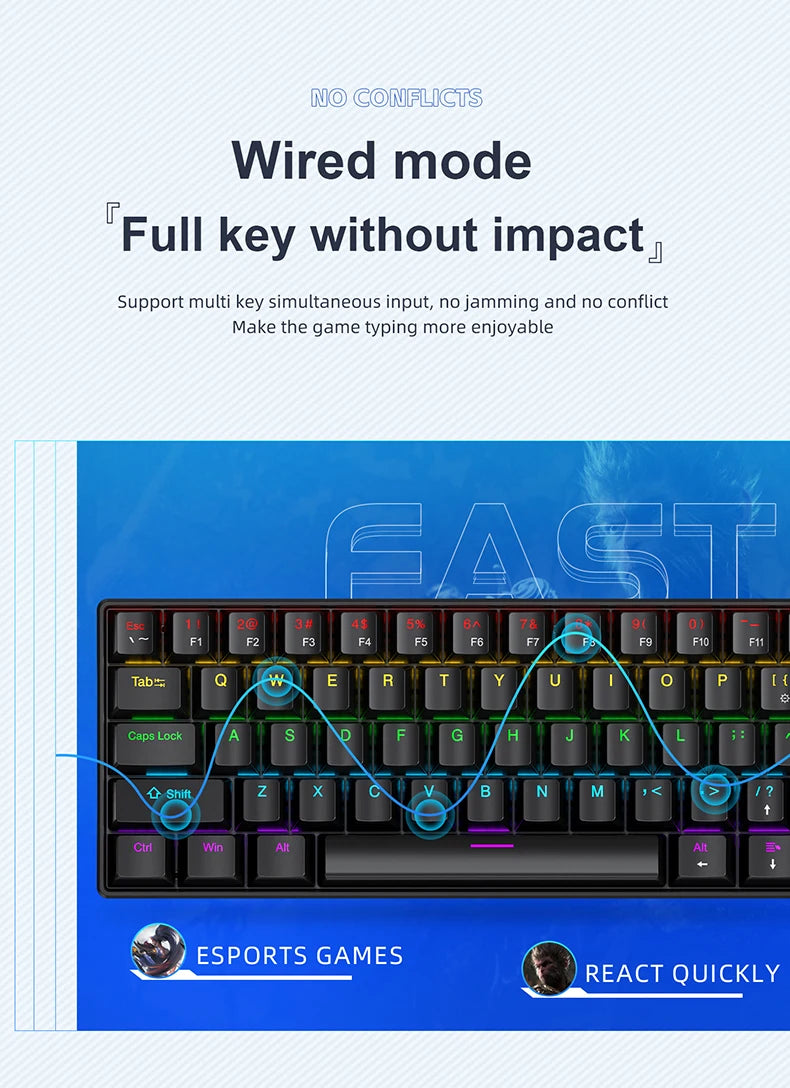 APAYADO K61 Mini 60% Gaming Keyboard 61-Key, Wired, Portable, RGB Lighting, Red/Blue Switch, Black/White/Red Colors