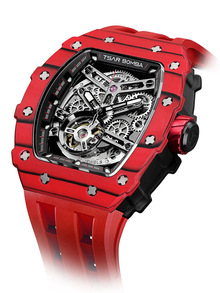 TSAR BOMBA Carbon Fiber Automatic Mechanical Watch for Men Waterproof Skeleton Mens Watches Top Brand Luxury Wristwatches