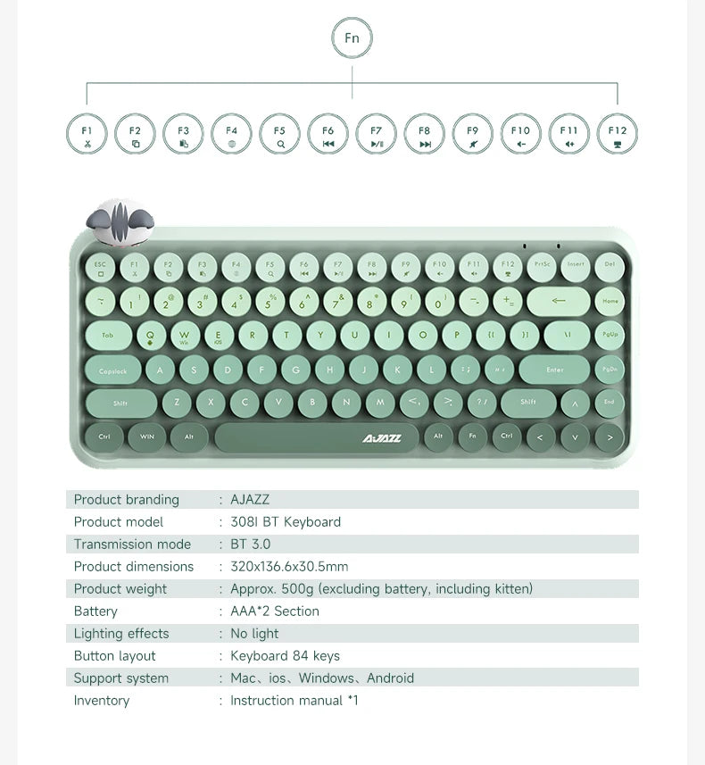 Ajazz 308I Wireless Keyboard 18/84 Keys Round Keycap Bluetooth Keyboard Portable 2.4GHz Numeric Keypad for Tablet Laptop Android