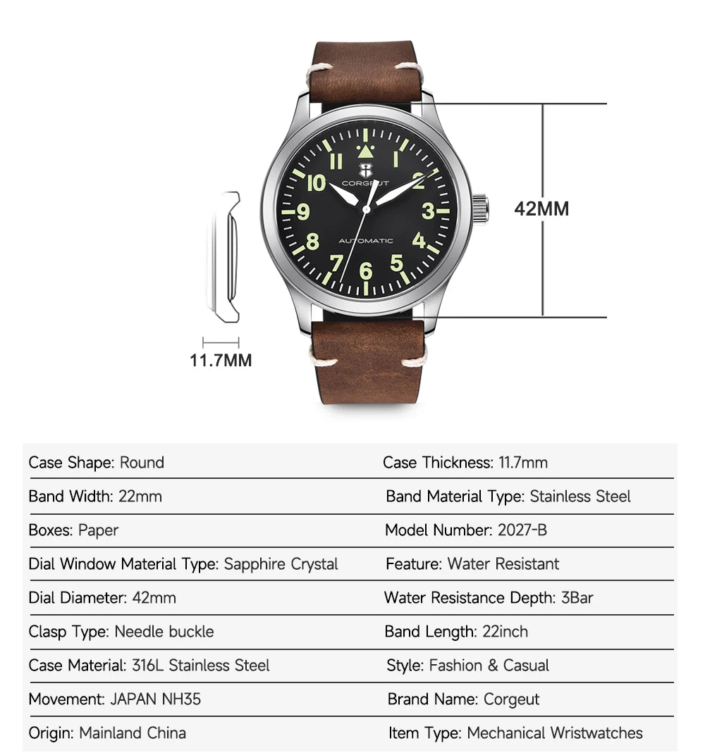 42mm Corgeut Sapphire NH35 Watch Military Men Reloj Automatic Luxury Sport Design Clock Lume Leather Mechanical Wrist Watches