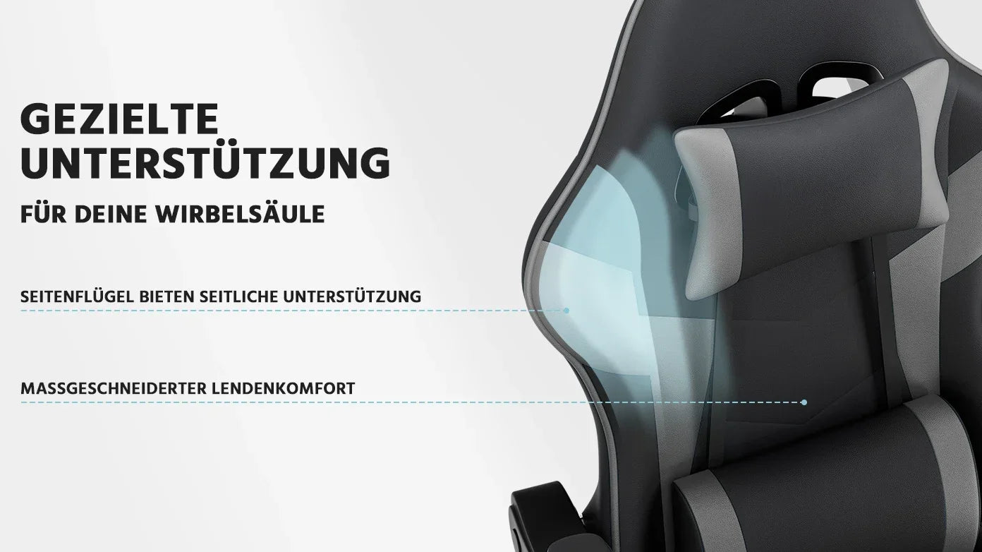 Black-Grey Ergonomic Gaming Chair, Lumbar Support, Breathable PU Leather, Adjustable Height & Backrest, 200kg for Office & PC