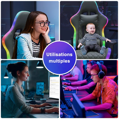 Ergonomic Gaming Chair with Massage Function, RGB LED, 90-135 Degree Recline,Up to 130kg,Office Chair, Premium Leather,Black
