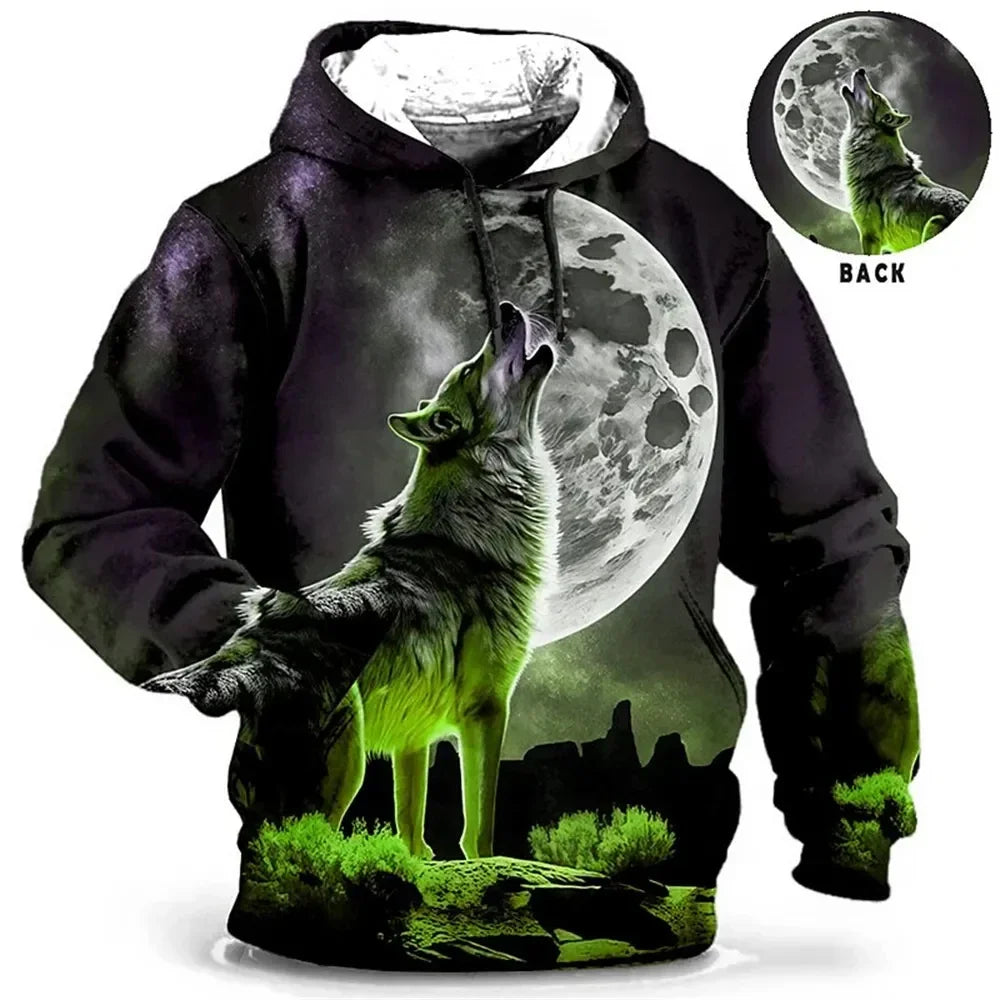 Vintage Hoodies for Men Wolf Animal Pattern 3D Print Eagle Leopard Tops Autumn Winter Casual Long Sleeve Oversized Tiger Hooded