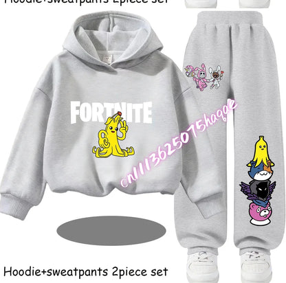 Fortnite Kinder-Set für Frühling und Herbst: langärmliges Kapuzen-Sweatshirt und Hose mit Gaming-Cartoon-Print für Jungen