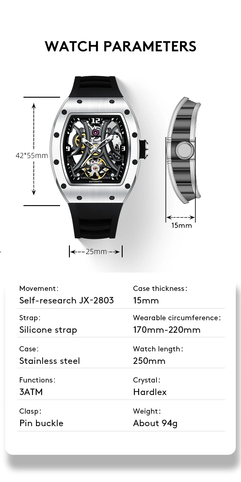 New Style automatic watch tonneau dial silicone strap waterproof sport mechanical wristwatch stainless steel 2026