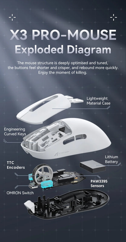ATTACK SHARK X3/X3PRO 4K/8K Wireless Gaming Mouse, 26K DPI, Tri-Mode (Wired/2.4GHz/BT5.2), Lightweight, PAW3395 Sensor For Gamer