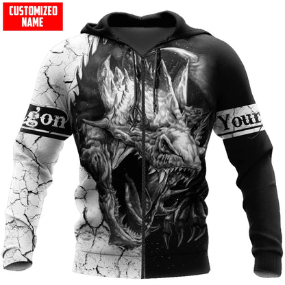 Personalisierter Drachen-Tattoo-Hoodie in Schwarz-Weiß mit 3D-Allover-Print, modischer Herren-Hoodie, Unisex-Kapuzenjacke, lässiger Trainingsanzug KJ984