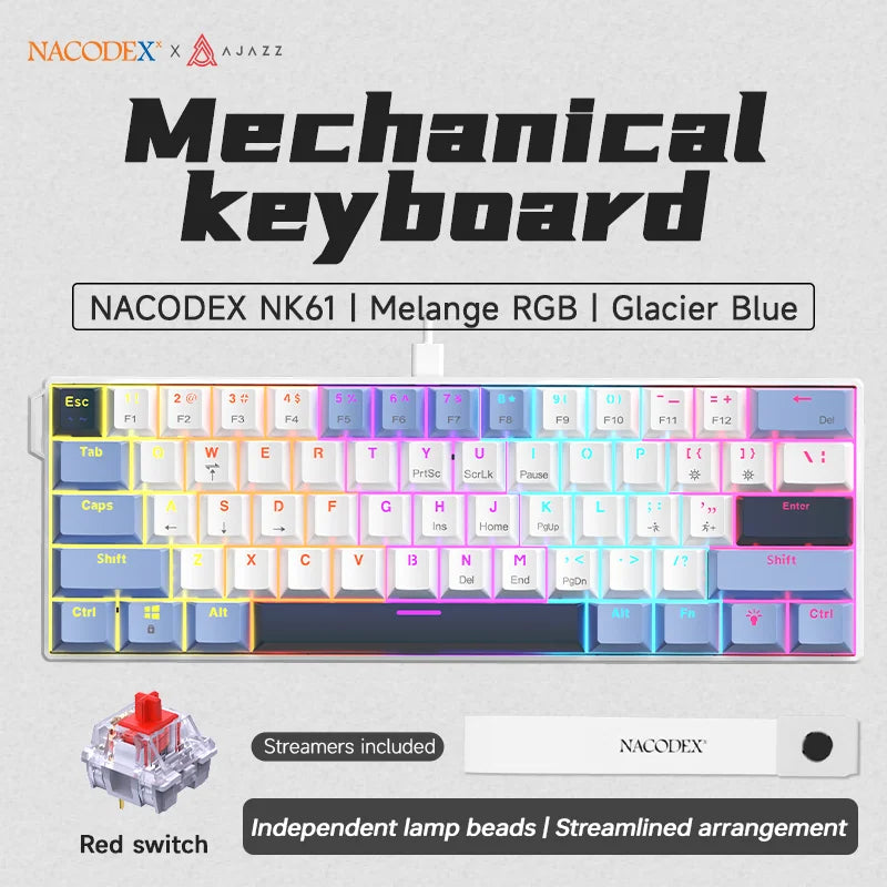 AJAZZ NK61 61-Key Red Switch Wired Mechanical Keyboard with Hot-Swappable Keys and RGB Lighting, Suitable for PC and Mac