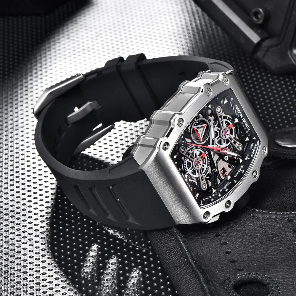 Pagani Design Men's Quartz Watches Japan Movt Skeleton Dial Waterproof Sport Rectangle Sapphire Glass Chronograph Watch For Men