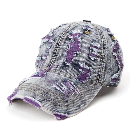 Vintage Washed Distressed Denim Colorful Baseball Cap for Men Women, Fashion Two-Tone Ripped Sun Protection Visor Hat Trendy