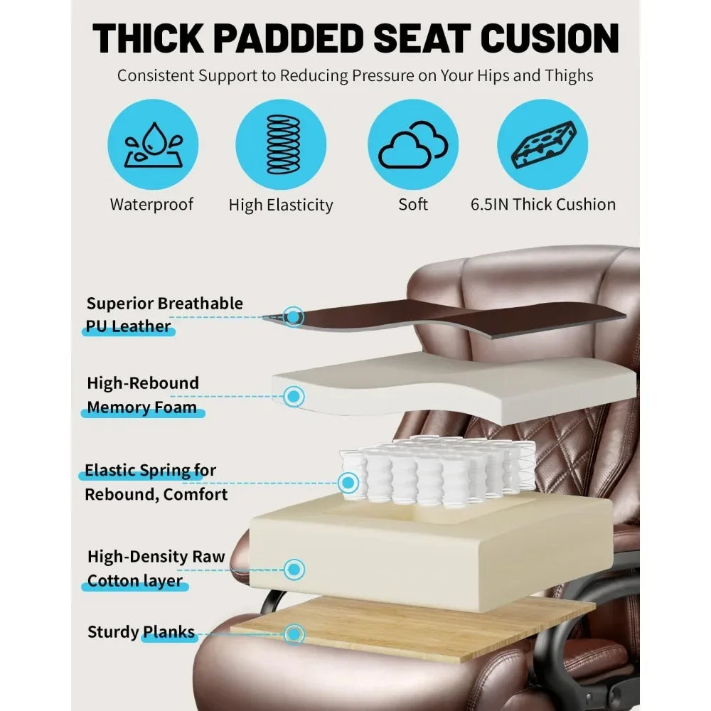 500Lbs Big Tall Office Chair, Wide Spring Seat Executive Design, 360 Swivel Desk Chair Heavy Duty Casters