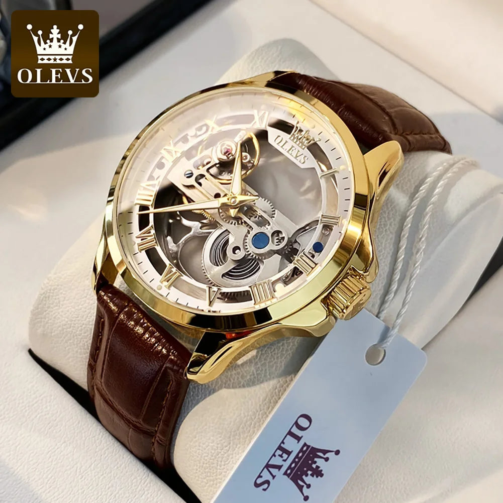 OLEVS 6661 – mekanisk automatisk herrklocka – helt transparent skelettmodell med synligt balanshjul, läderarmband, originell lyxklocka för män