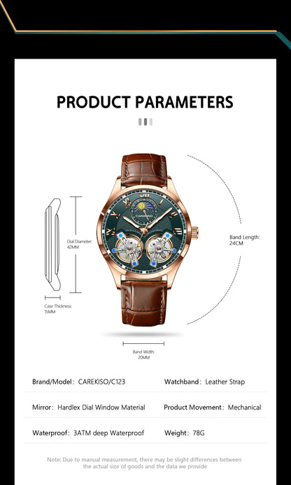 CAREKISO Fashion Men Clock Double Hollow Tourbillon Automatic Mechanical Man Watch Waterproof Luminous Leather Men's Watches+Box