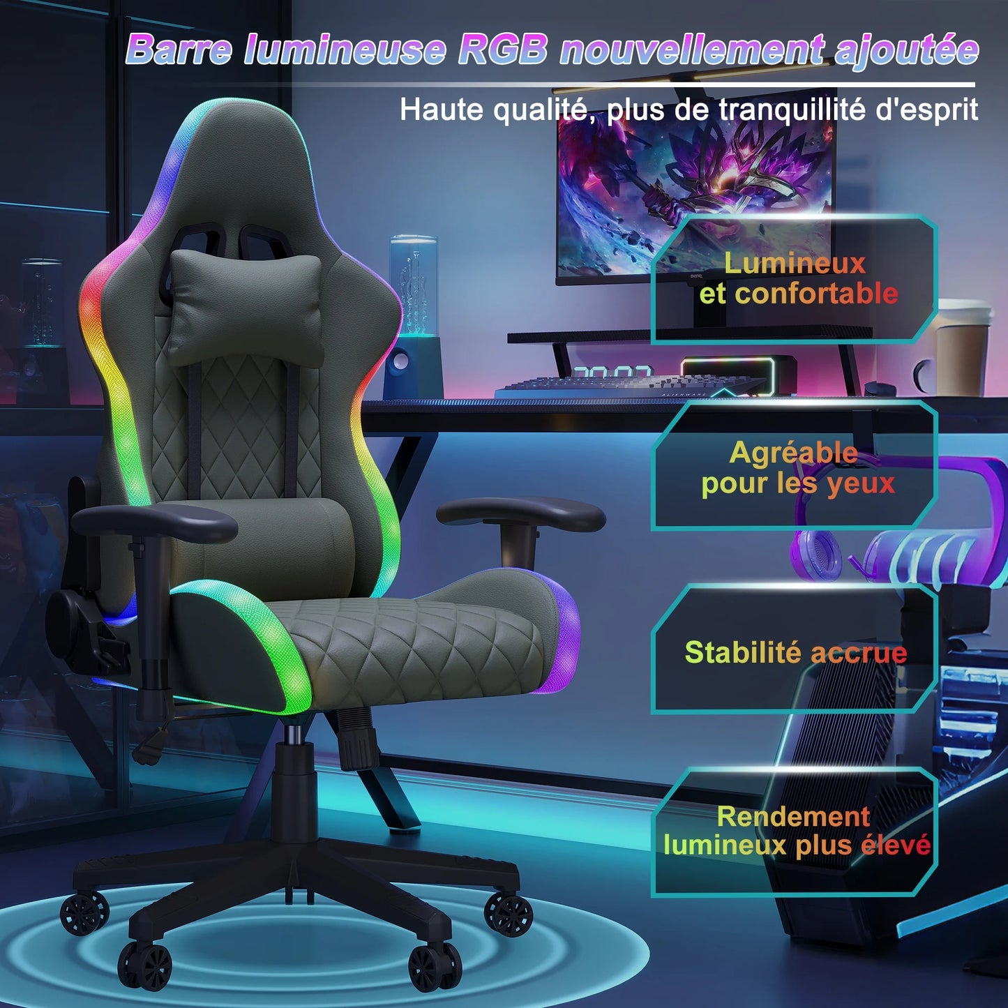 Gaming Chair,Ergonomic Gaming Chair with LED,Adjustable Computer Chair for Teenagers,Lumbar Cushion,Gamer Chair,Black