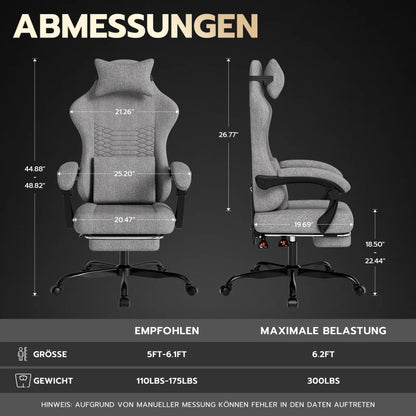 Gaming chairs, office chairs, desk chairs, and swivel chairs. Made with breathable fabric, equipped with 360° swivel casters and seats for easy movement, and featuring soft and comfortable cushions.