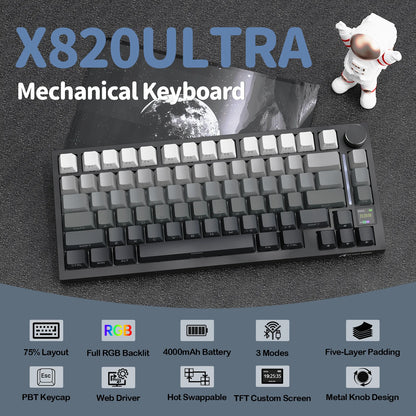 ATTACK SHARK X820 Ultra Wireless Mechanical Keyboard with TFT Smart Display & Knob, 75% Hot Swappable, BT/2.4G/Wired,Gift Switch