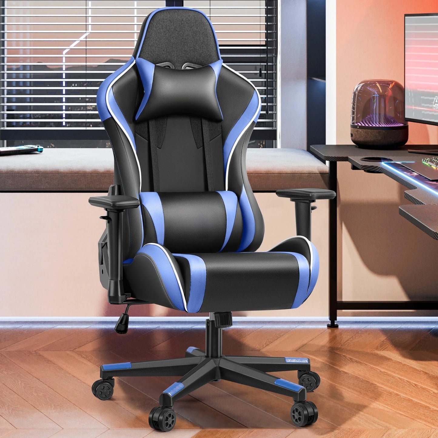 Gaming Chair, Ergonomic PU Leather Office Chair, Reclining Swivel Computer Chair with Headrest Lumbar Support, Black Blue