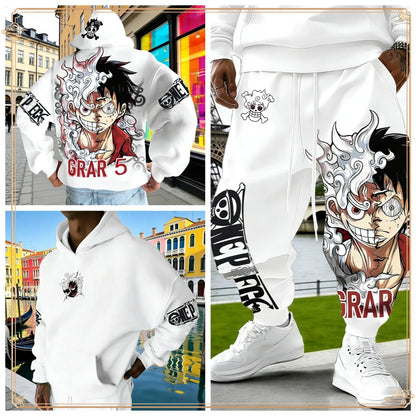 One Piece Luffy Gear 5 Hoodie Pants Set Red Cotton Tracksuit with Character Print on Hoodie Front Pant Side Loose Fit Two Piece