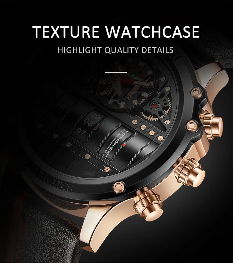 Luxury Electronic Quartz Watch For Men Business Watches Male Creative Men WristWatch Unique Rotate Date Leather Strap Watches
