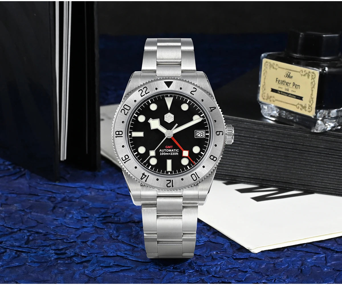 San Martin 39mm NH34 GMT Men Luxury Watch Bidirectional Aluminum Bezel Automatic Mechanical Sapphire 100M Waterproof  SN0109