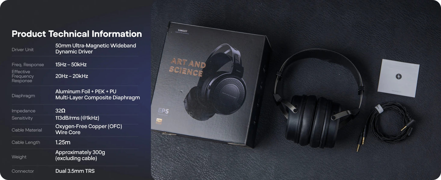 Auscultadores com Fio SIMGOT EP5 de Alto Desempenho com Driver Dinâmico de 50mm – Headset Gaming HiFi, Baixa Impedância, Alta Sensibilidade, Som Surround 7.1