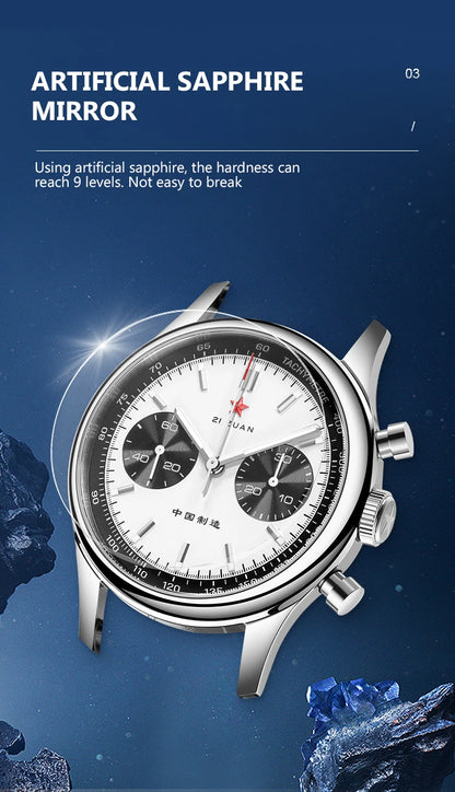 Red Star Panda Mens 1963 Chronograph Mechanical Wristwatch Seagull st1901 Movement Gooseneck 40mm Luminous Sapphire Pilot Watch