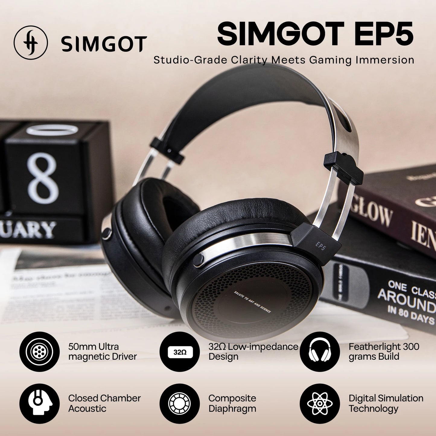 Auscultadores com Fio SIMGOT EP5 de Alto Desempenho com Driver Dinâmico de 50mm – Headset Gaming HiFi, Baixa Impedância, Alta Sensibilidade, Som Surround 7.1