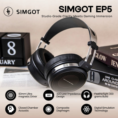 Auscultadores com Fio SIMGOT EP5 de Alto Desempenho com Driver Dinâmico de 50mm – Headset Gaming HiFi, Baixa Impedância, Alta Sensibilidade, Som Surround 7.1