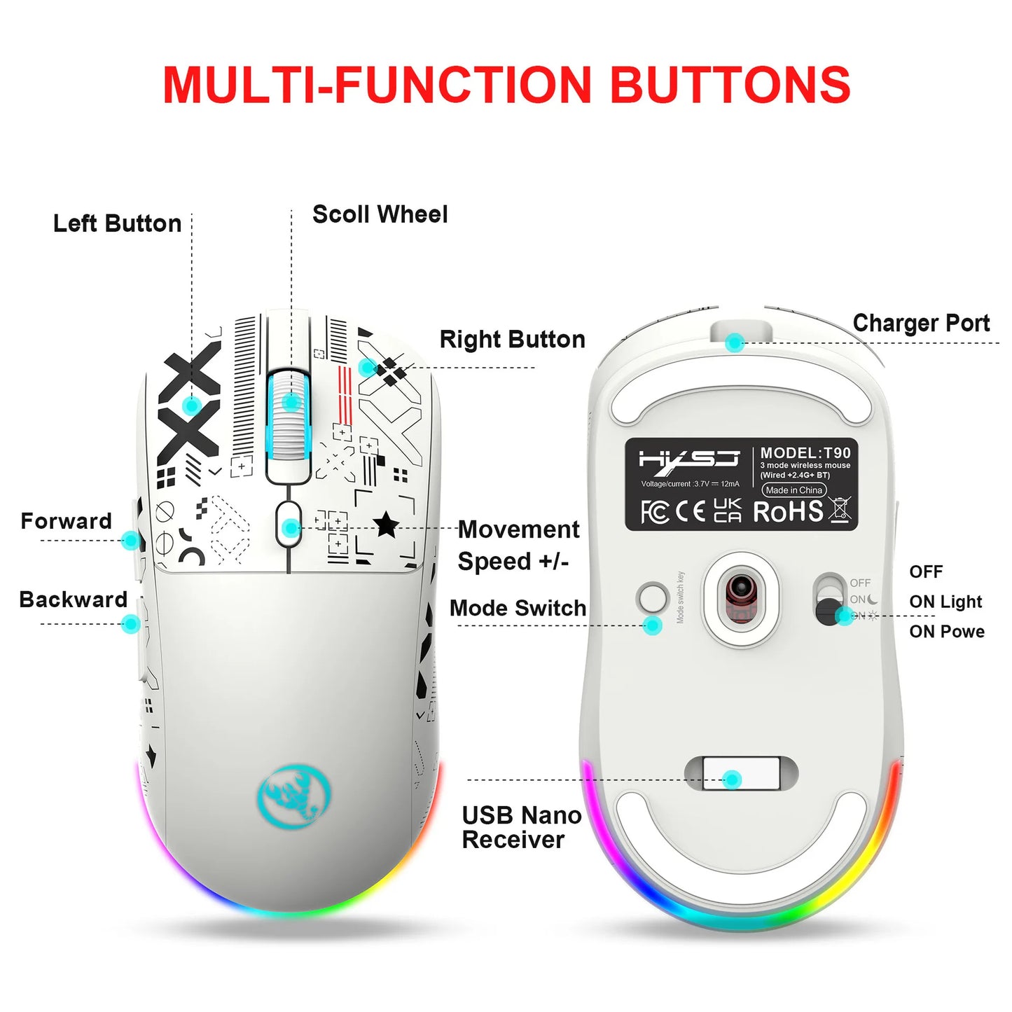3 Modes Bluetooth Gaming Mouse Rechargeable 2.4G USB Wireless RGB Backlight Mouse for iPad Tablet Laptop Computer