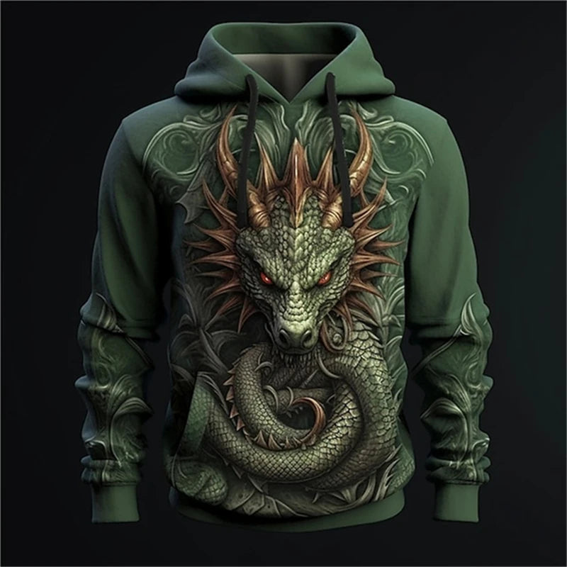 Hoodie de homem com estampado de dragão chinês, padrão de dragão 3D, nova sweatshirt oversized estilo hip hop Harajuku