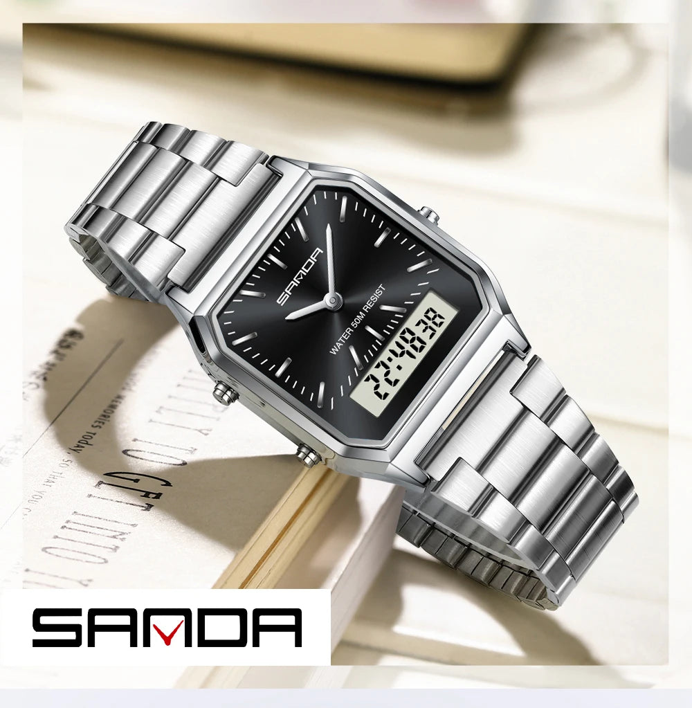 SANDA 747 Luxury Mens G Style Watches Stainless Steel Women LED Digital Dual Display Clock Unisex Waterproof Sports Quartz Watch