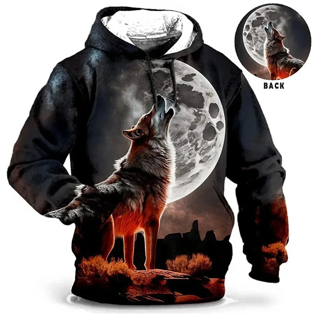 Vintage Hoodies for Men Wolf Animal Pattern 3D Print Eagle Leopard Tops Autumn Winter Casual Long Sleeve Oversized Tiger Hooded